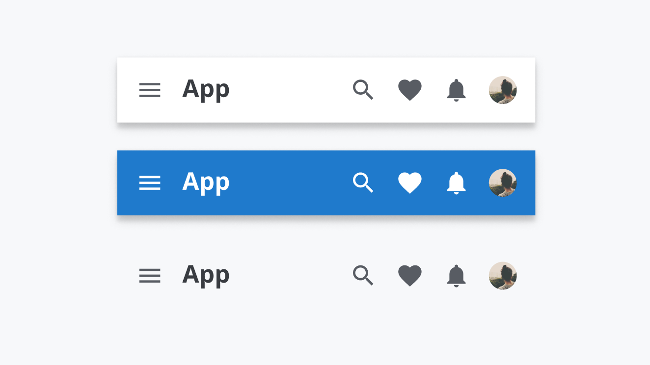 背景色などが違う3種類のapp-barが並んだキャプチャ
