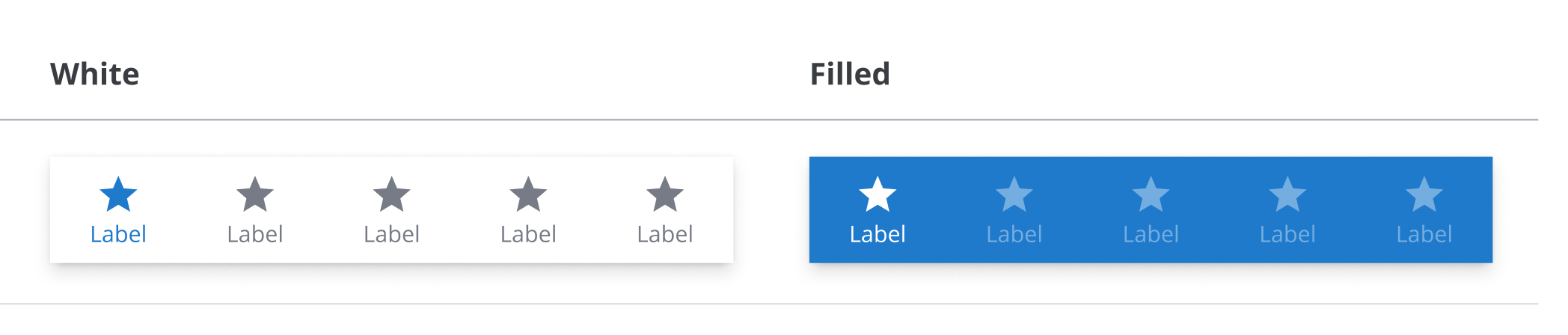 WhiteとFilledそれぞれのBottom Navigationで、先頭のItemがアクティブになっている様子